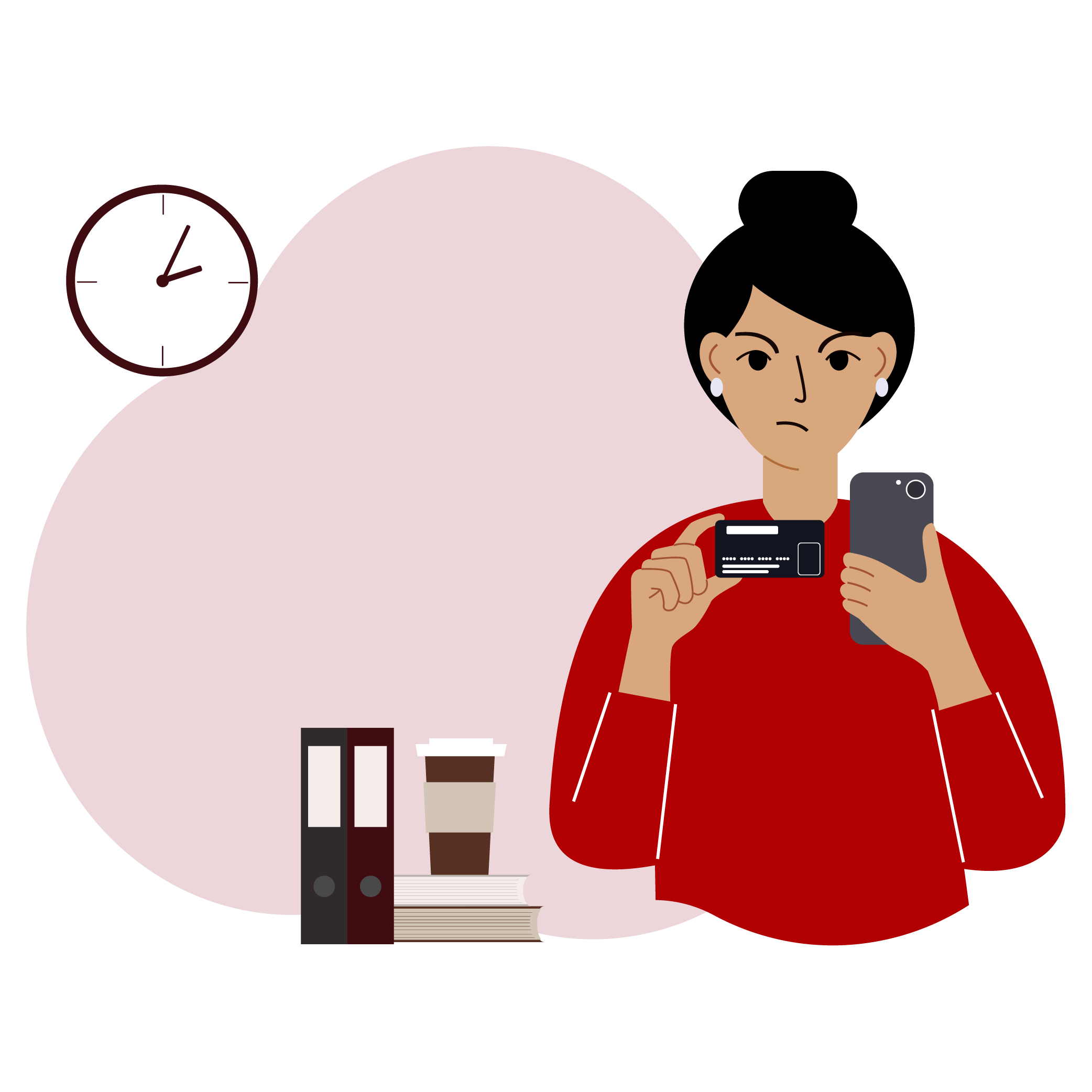 Woman looking at her credit card and phone wondering if she is able to repay her money lender on time